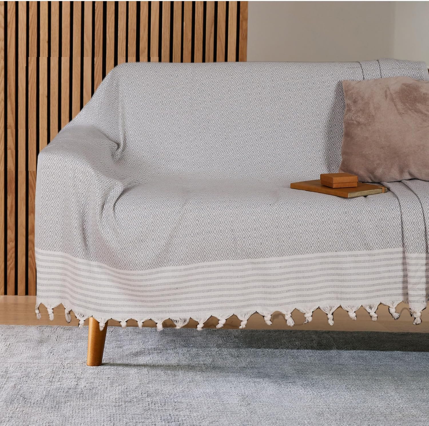 Buldan İşi Kaymaz Pamuklu Koltuk Örtüsü 170x210 Cm Koltuk Şalı Çekyat Kanepe Örtüsü (Açık Gri)