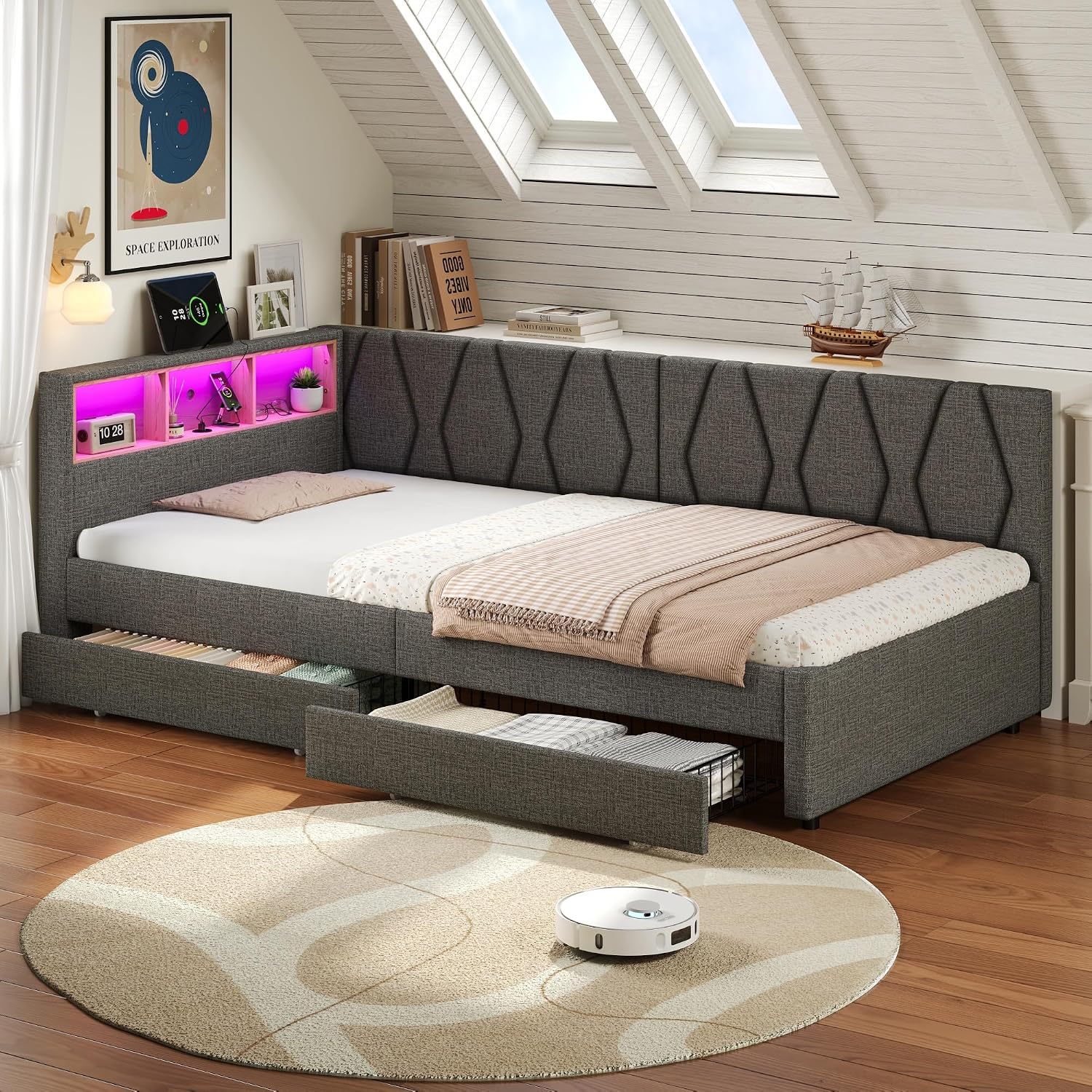 3ft Single Daybed with 2 Storage Drawers, LED Lighting and Charging Station, Functional Upholstered Bed Frame 90X190 cm, Linen Sofa Bed Guest Bed for Living Room/Bedroom/Study Room, No Mattress, Grey