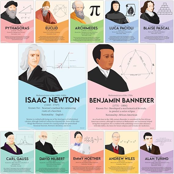 Decorably 12 Famous Mathematicians Math Posters for High School, 11x14in | Educational Matte-Laminated Math Classroom Decor for Elementary, Hallways, Bulletin Boards, Home Study Room, Library
