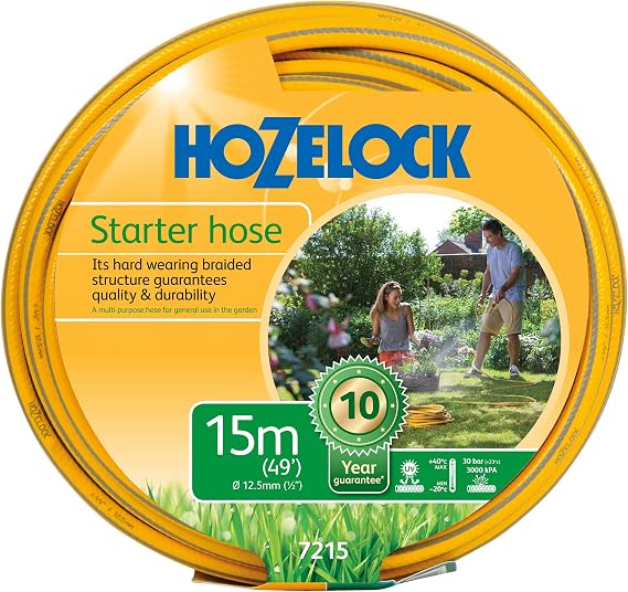 HOZELOCK - Starter Hose ø 12,5mm (1/2") 15m : Versatile, UV-resistant Garden Hose, 4-layer Braided Reinforced Hose, UK Made, General Purpose, Hard Wearing, * [7215P0000]