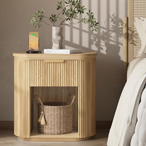 Fluted Nightstand with Charging Station 23.6" Large Round Bedside Table Oak | Round Wood End Table with Drawer Storage, Curved Round Corner, Furniture Bedroom Sofa, Mid Century Modern, Farmhouse, Oak