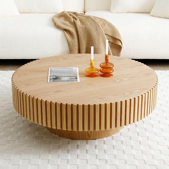 31.49" Round Coffee Table Wood, Modern Drum Fluted Oak Coffee Table for Living Room, Contemporary Minimalist Low Circle Center Table Side Table for Apartment, Farmhouse, Office Natural Ash