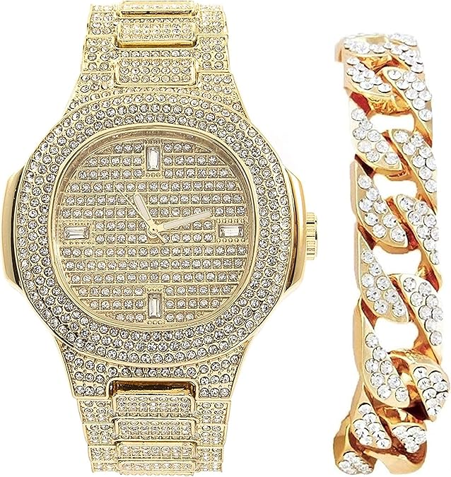 Charles Raymond Bling-ed Out Bracelet with Oblong Iced Look Hip Hop Watch - 8475BC Cuban