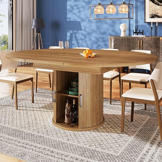 Extendable Dining Table, 118-158cm Round Kitchen Table with Cabinets and Doors, Modern Multifunctional Kitchen Furniture with Storage Space & Shelves, Extends to Oval, 118(158)x118x76cm (Walnut)