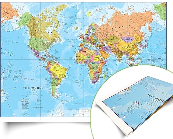 Maps International - 世界地図の詳細 - 2026年更新 - シルクアートペーパー - 折りたたみフォーマット - 幅84.1cm x 高さ59.4cm
