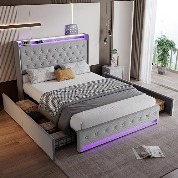 4ft6 Double Bed Upholstered Bed Frame 135x190 cm with Storage 4 Drawers, Storage Bed with Light Strips & Charging Socket, Platform Bed Frame with Slats, No Mattress, Velvet Grey