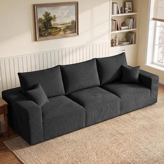 Gericco 113" Modular Sectional Sofa 3-Seat Boneless Couches for Living Room | Modern Corduroy Cloud Couch Sofa with Memory Foam Deep Seat and Non-Slip Base, No Assembly, Black