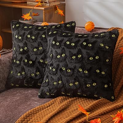 Halloween Black Cat Throw Pillow Covers 18x18 Inch Set of 2, Spooky Ghost Faux Fur Cushion Covers for Fall Decor, Soft Decorative Farmhouse Pillowcases for Sofa Bench Living Room Yellow