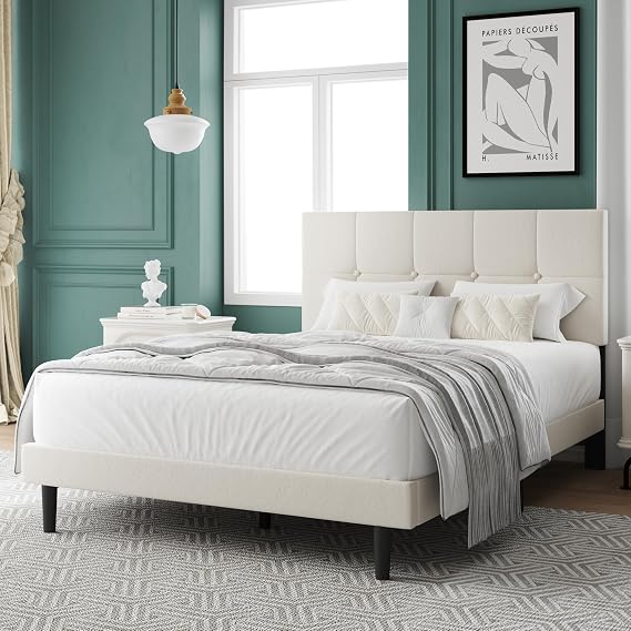IOILORI Full Size Platform Bed Frame with Upholstered Headboard, Sturdy Wooden Slats, Noiseless No Box Spring Required, Easy to Assemble,Beige