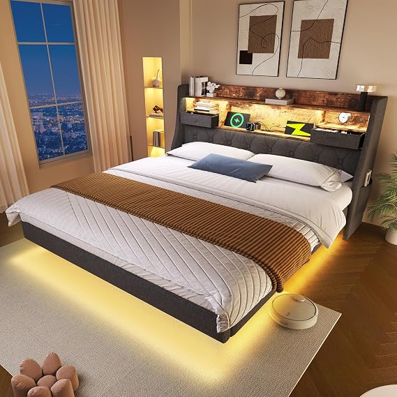 Upholstered Bed 6ft Super King Size Bed Frame 180x200 cm, Floating Bed with LED Lighting & USB Type-C Charging, Storage Headboard for Cellphone Tablet, Metal Slatted Frame, Linen Grey (No Mattress)
