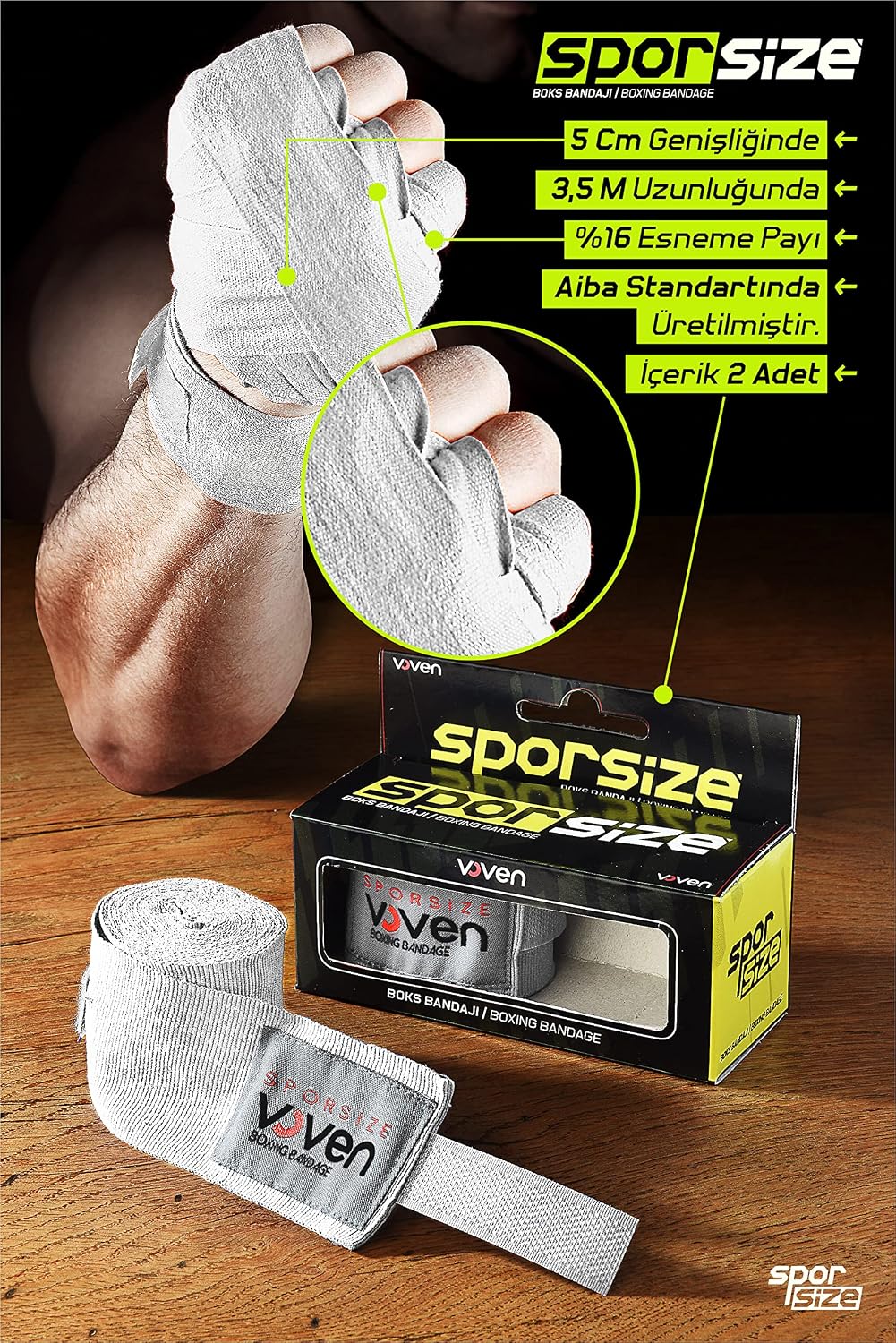 Sporsize Boxing Muay Thai Bandage Black Boks Bandajı Muay Thai Bandajı El Sargısı Tüm Ebatlar, Renkler