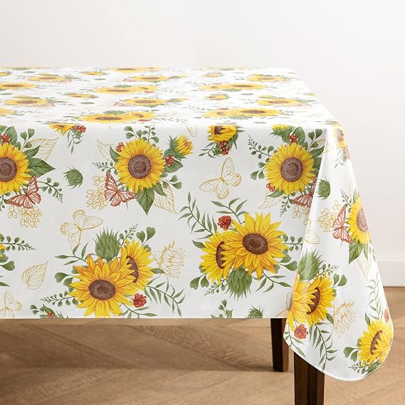 Elrene Home Fashions Sunflower Season Vintage Floral Water- and Stain-Resistant Vinyl Tablecloth with Flannel Backing, 52 Inches X 70 Inches, Rectangle