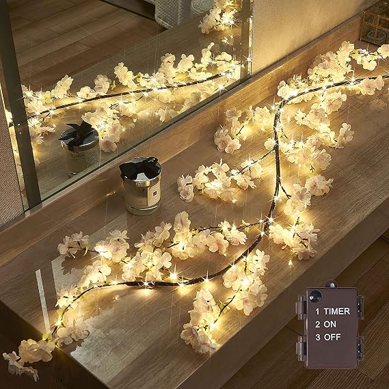 Cherry Blossom Garland with Lights Battery Operated with Timer 96 Fairy Lights, Lighted Flower Garland 6FT for Mantle Firepalce Wedding Party Decoration Indoor Outdoor