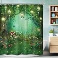 Riyidecor Fantasy Green Shower Curtain 60Wx72H Inch Nature Fairy Tree Garden Tale Mushroom Grass Scenery Wonderland Butterfly Plant Bathroom Decor Fabric Polyester Waterproof 12 Pack Hooks