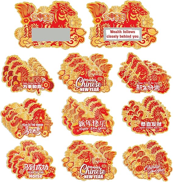 HOWAF 64pcs Chinese New Year Fortune Cards 2026, 2026 Year of The Horse Party Game Scratch Off Fortune Cards,Spring Festival Scratch Off Card for Lunar New Year Party Favors