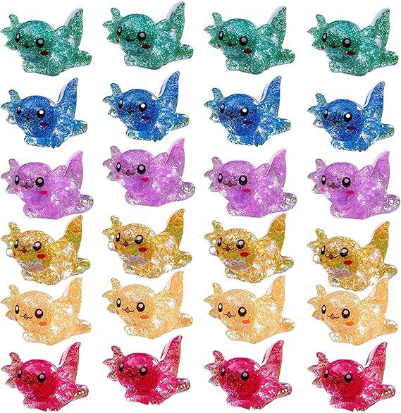 24 PCS Mini Resin Axolotl Toy with Glitter Finish, Resin Animals | 6 Colors, Smooth Glossy with Glitter, 2.5x1.7cm, for Fairy Garden/Dollhouse/Axolotl Cake Topper/Plant Crafts, Durable & Cute