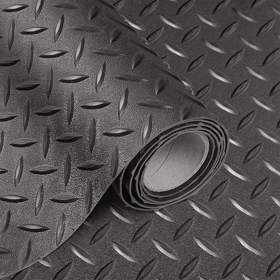 2.5mm Thickened 5Ft x 7.5Ft Garage Floor Mat Rubber Flooring Roll, Grey | 37.5sqft Diamond Plate PVC Rubber & Vinyl Flooring Roll, Non-Slip Floor Protector Mat for Garage Warehouse Basement Trailer