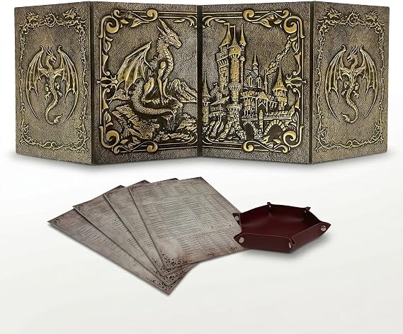 Dungeon Master Screen with Dice Tray - DOJA Hobbies - Foldable DM Screen 4 Panels in Gold Synthetic Leather, with Customizable Pockets and Templates, Accessory for Dungeons and Dragons
