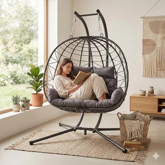 Double Egg Swing Chair with Stand, 2 Person Hanging Chair Outdoor (Grey) | Oversized Indoor Hanging Hammock Chairs with Cushion, Comfy Loveseat for Bedroom, Balcony, Garden, Patio
