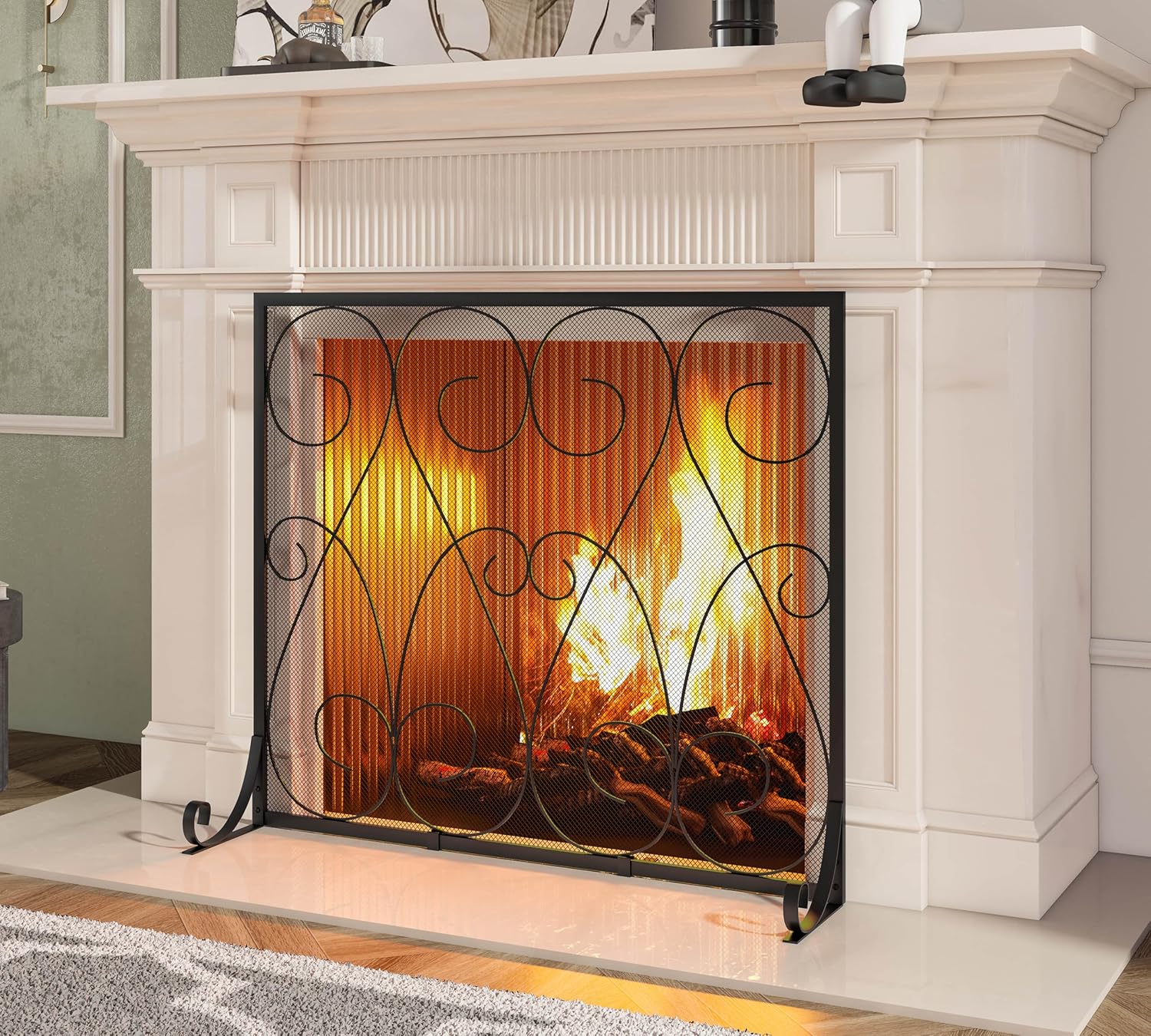 Kingson Single Panel Handcrafted Wrought Iron Symmetric Scroll Flat Fireplace Screen with Sturdy Steel Frame Durable Metal Mesh Decorative Free Standing Fireplace Spark Guard Black Finish