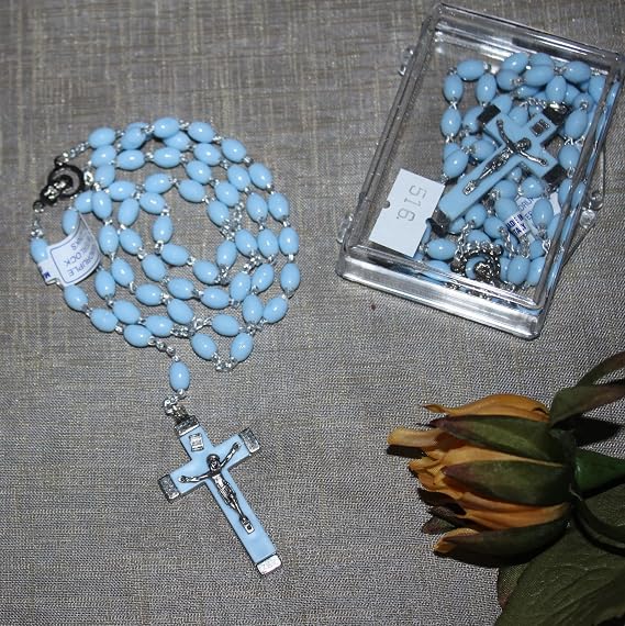 Blue Italian Religious Rosary Necklace in Box