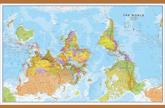 Maps International Large Upside-Down Political World Wall Map - Laminated with Wooden Hanging Bars - 36 x 48