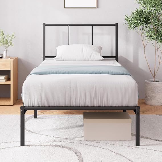 Zinus Justin 3ft Single Bed Frame with Headboard (90 x 190 cm) - 14'' Height - Metal Bed Base with Steel Slat Support - Storage Space Underneath - Modern Design - Easy Assembly - Black