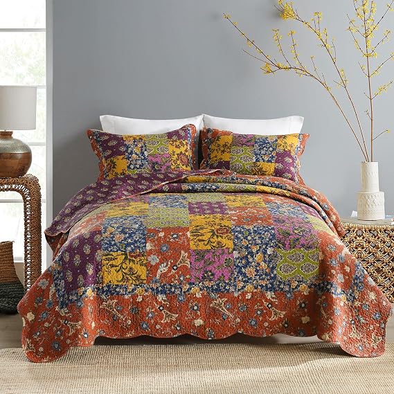 Qucover 100% Cotton Quilted Bedspread King Size Real Patchwork Quilt Orange